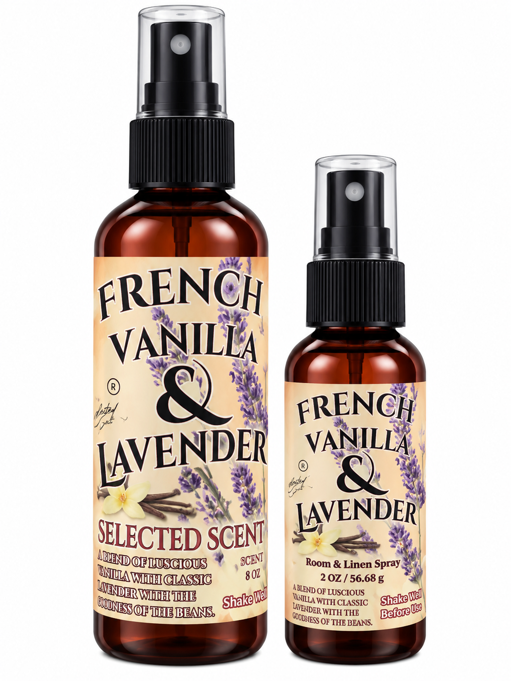 Room and linen spray, French Vanilla & Lavender, amber glass bottle with spray nozzle.