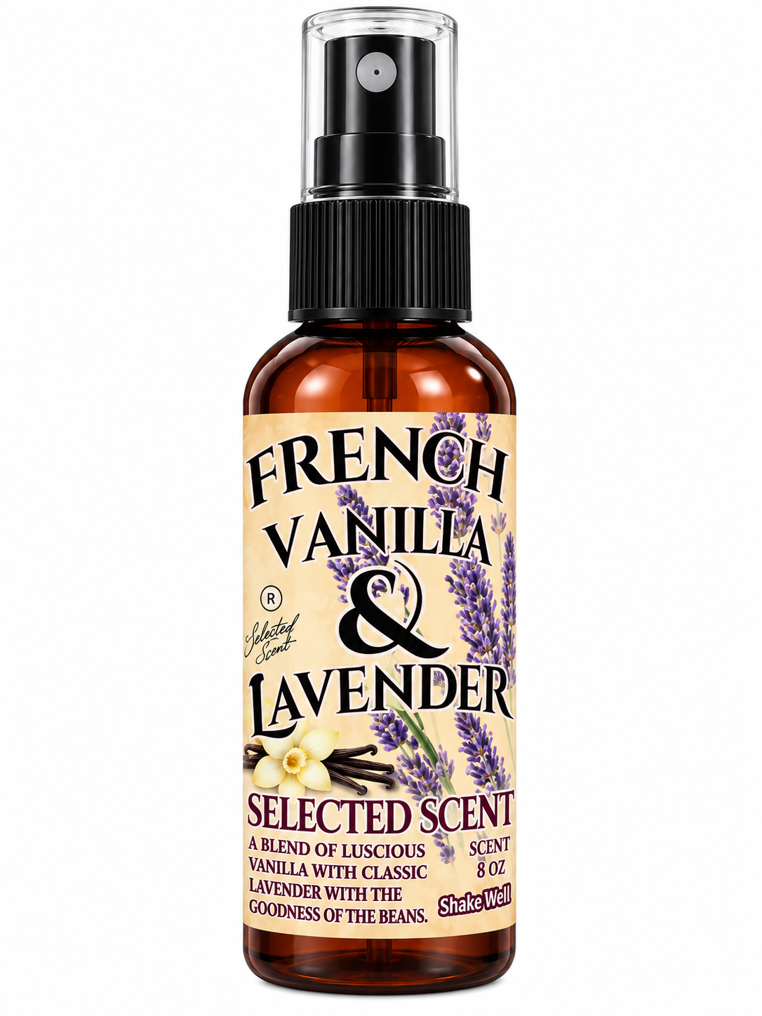 8 oz room and linen spray, French Vanilla & Lavender label, amber glass bottle with spray cap.