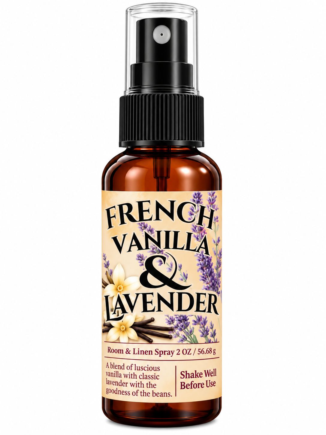 2 oz room and linen spray, French Vanilla & Lavender label, amber bottle with mist nozzle.