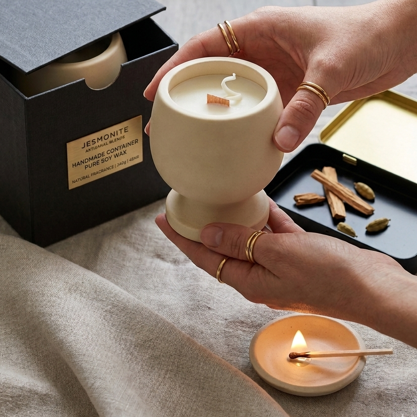 Beige pedestal candle held in hands, flame burning in wax center