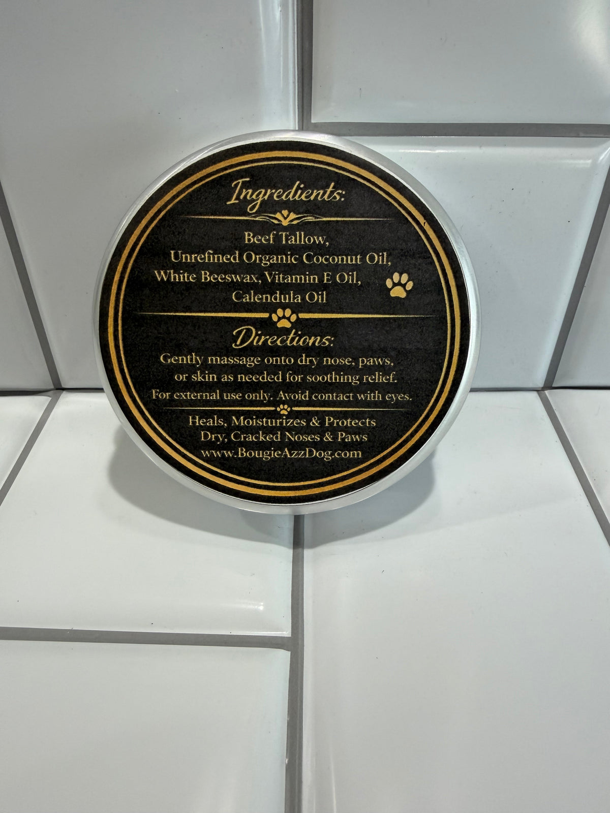 Bougie Balm tin back label with ingredients and directions text