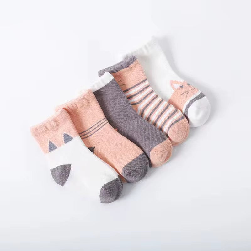 Kids' socks pack: peach and gray with cat faces and striped bands