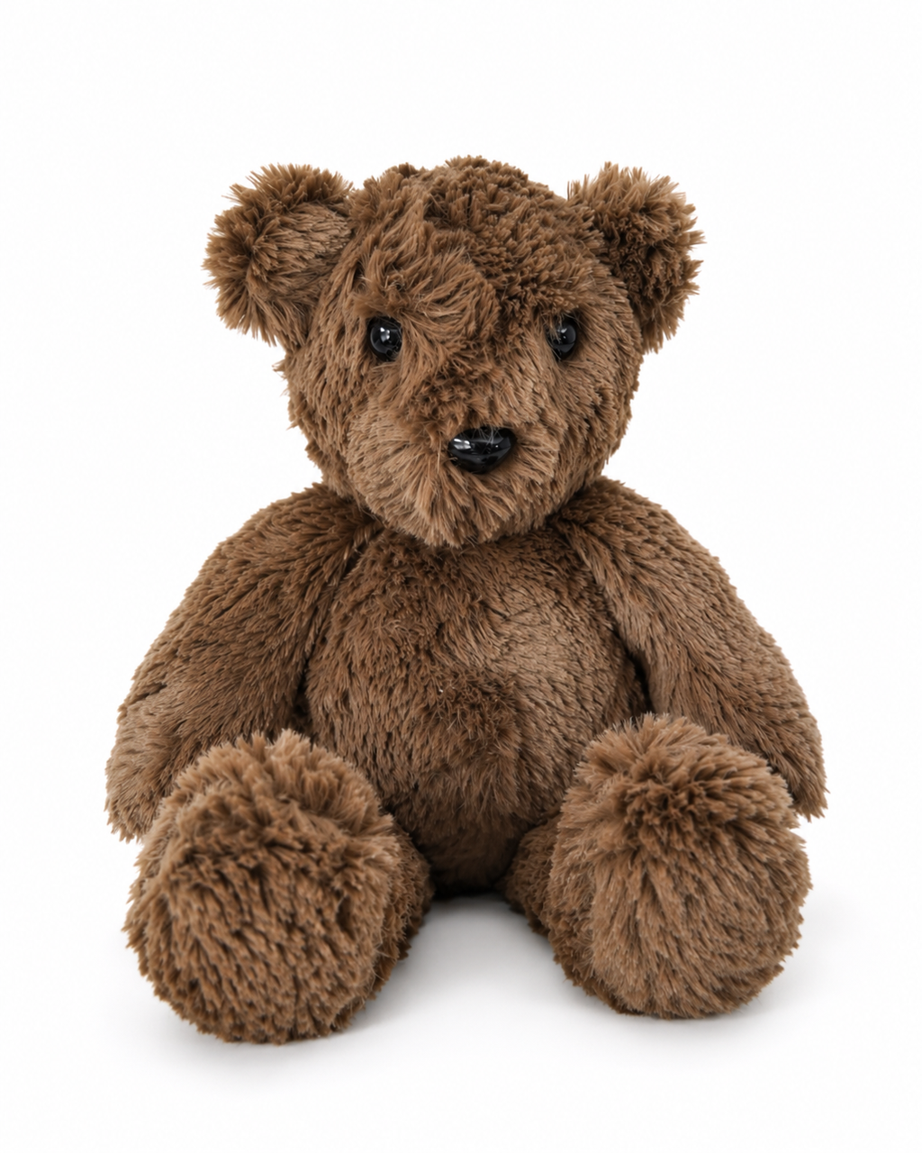 Brown plush teddy bear with rounded ears, black bead eyes, and soft fuzzy paws.