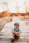 Kids hooded UV cover-up with fish-camo print, front pocket, teal and orange