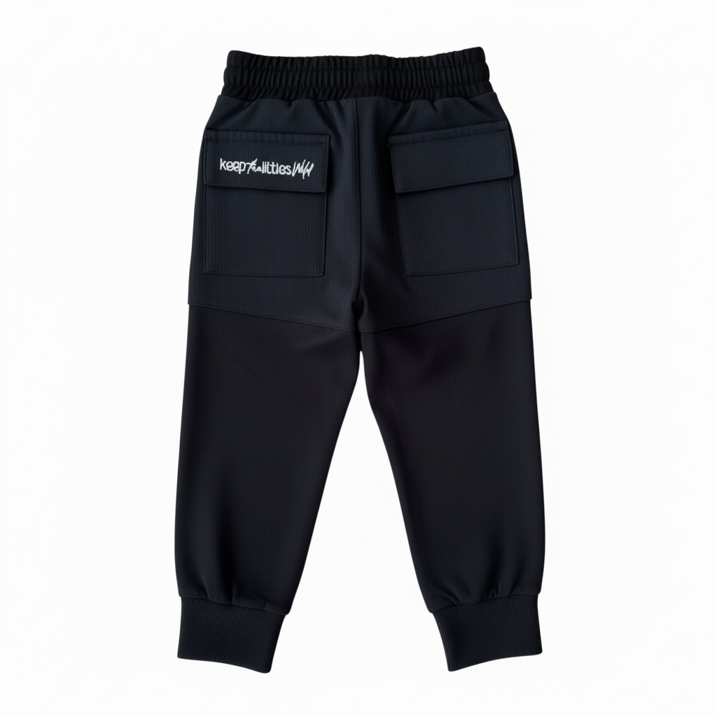 Black water-resistant hiking pants with elastic waistband, two flap cargo pockets, tapered cuffs