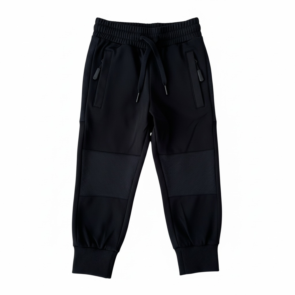 Black water-resistant hiking pants with drawstring waist and cargo pocket panels, cuffs