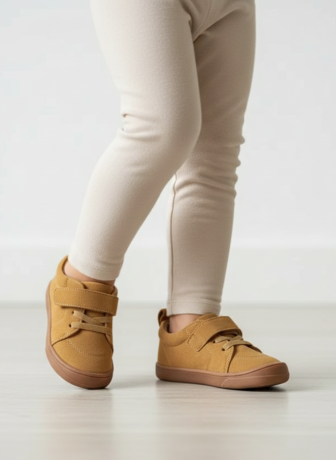 Kids' tan barefoot sneakers with strap and laces on feet
