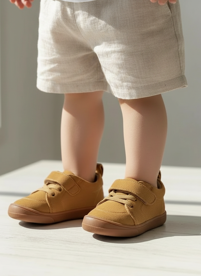 Kids' tan barefoot sneakers with strap and laces on a child's feet