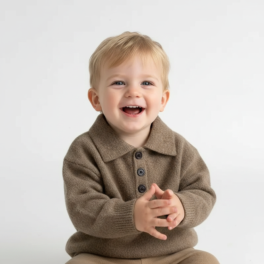 Toddler knit sweater, tan-brown, collared henley with three button placket
