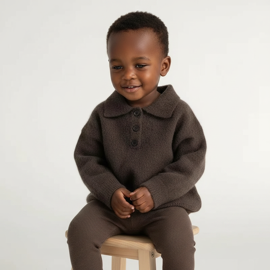 Toddler knit sweater, dark brown, collared henley with three button placket