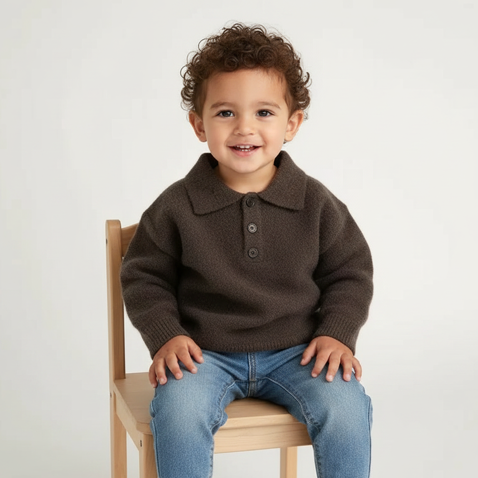 Toddler knit sweater, dark brown, collared henley with three buttons