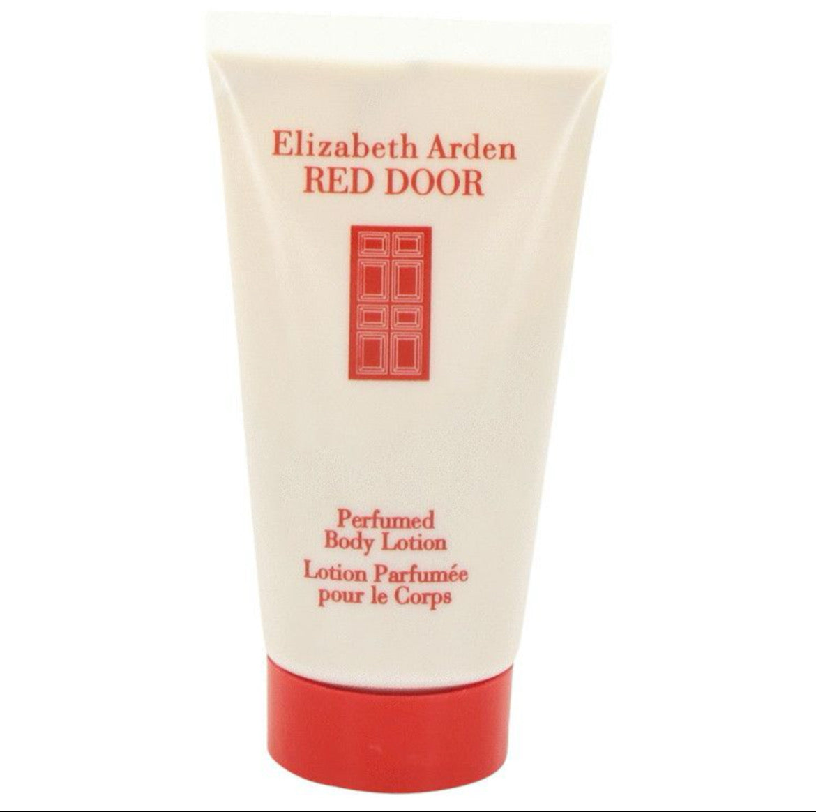 Perfumed body lotion tube, white with red logo and red bottom cap