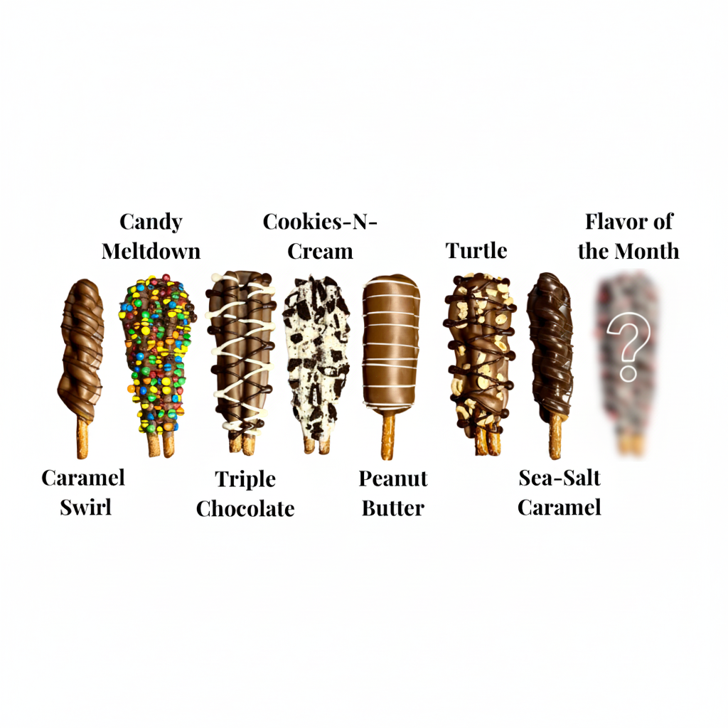 Assorted chocolate bars on sticks with visible flavor names on a white card