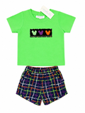 Kids green T-shirt and plaid smocked shorts set with mouse graphic