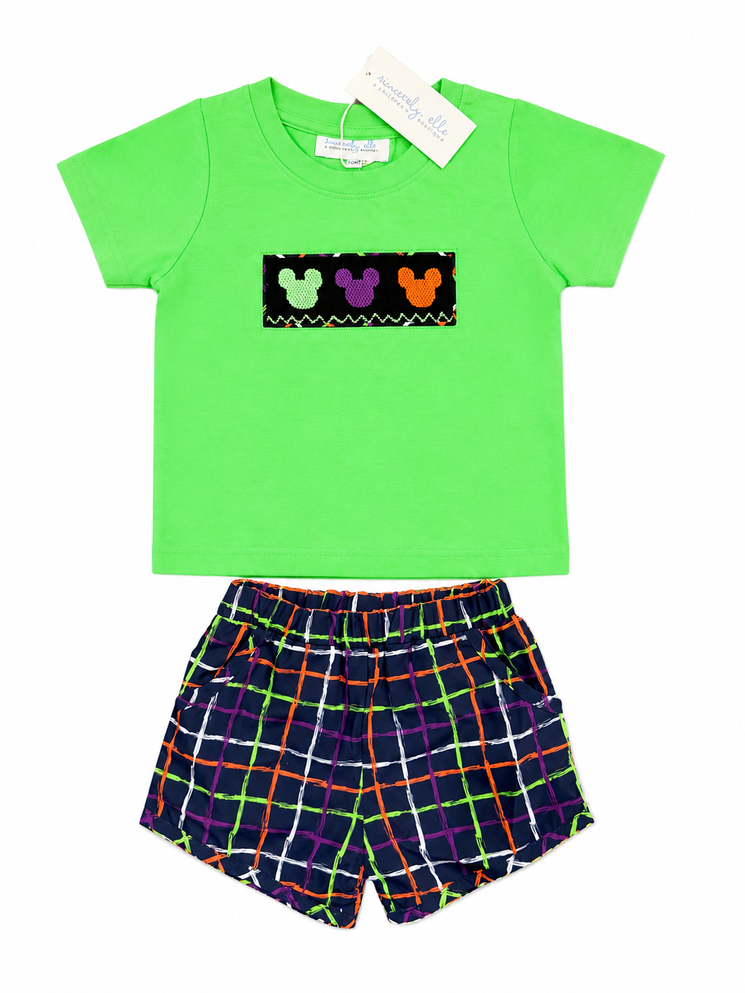 Kids green T-shirt and plaid smocked shorts set with mouse graphic