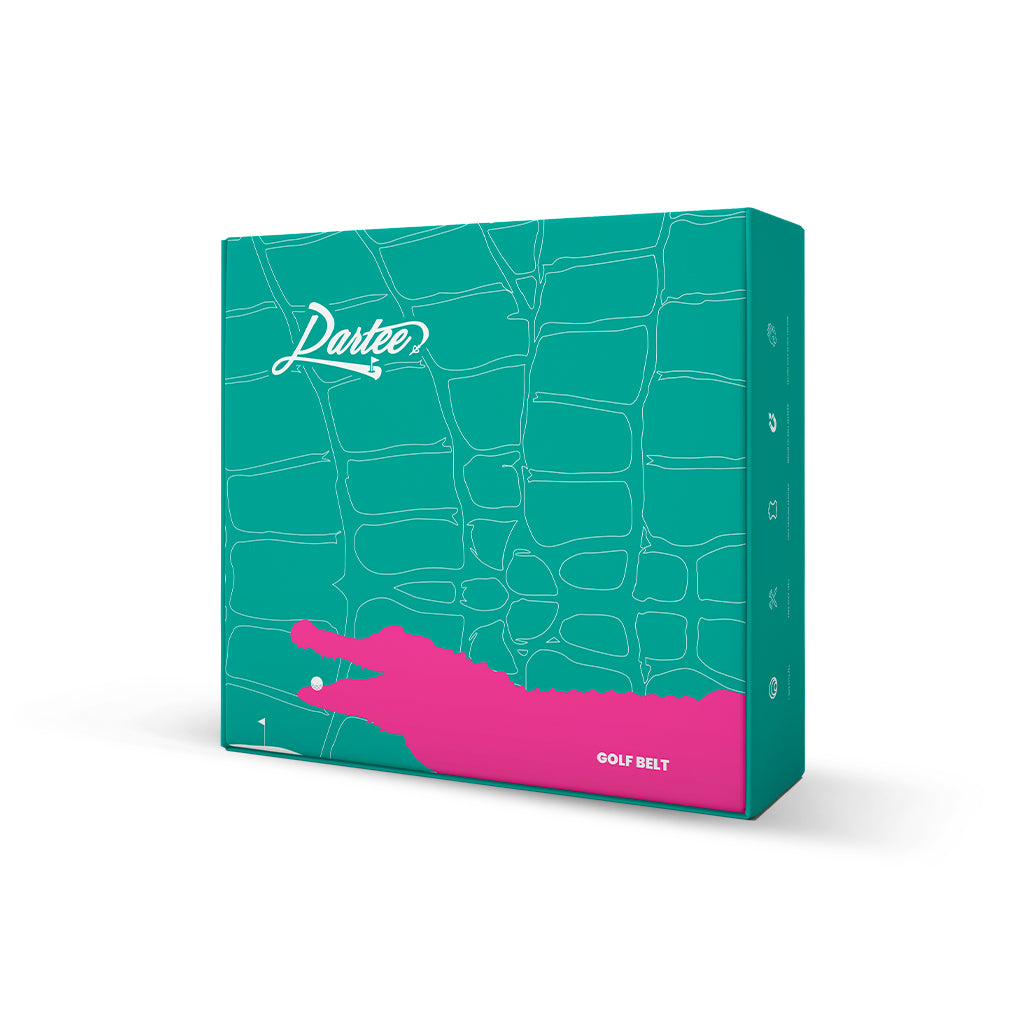 Dartee Golf Belt packaging box with teal croc pattern and pink graphic on front