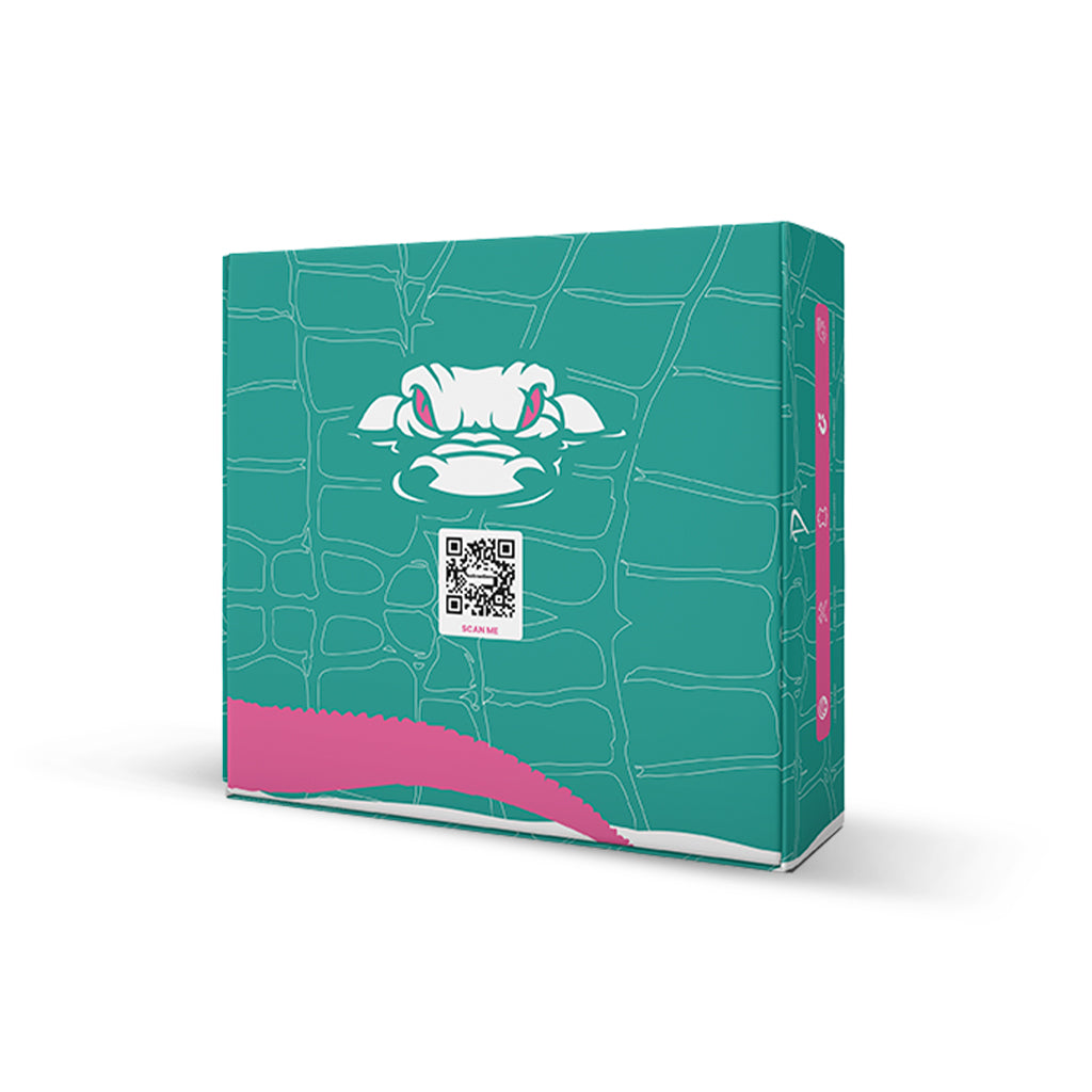 Dartee Golf Belt packaging box with teal croc pattern, cartoon icon, and pink strip