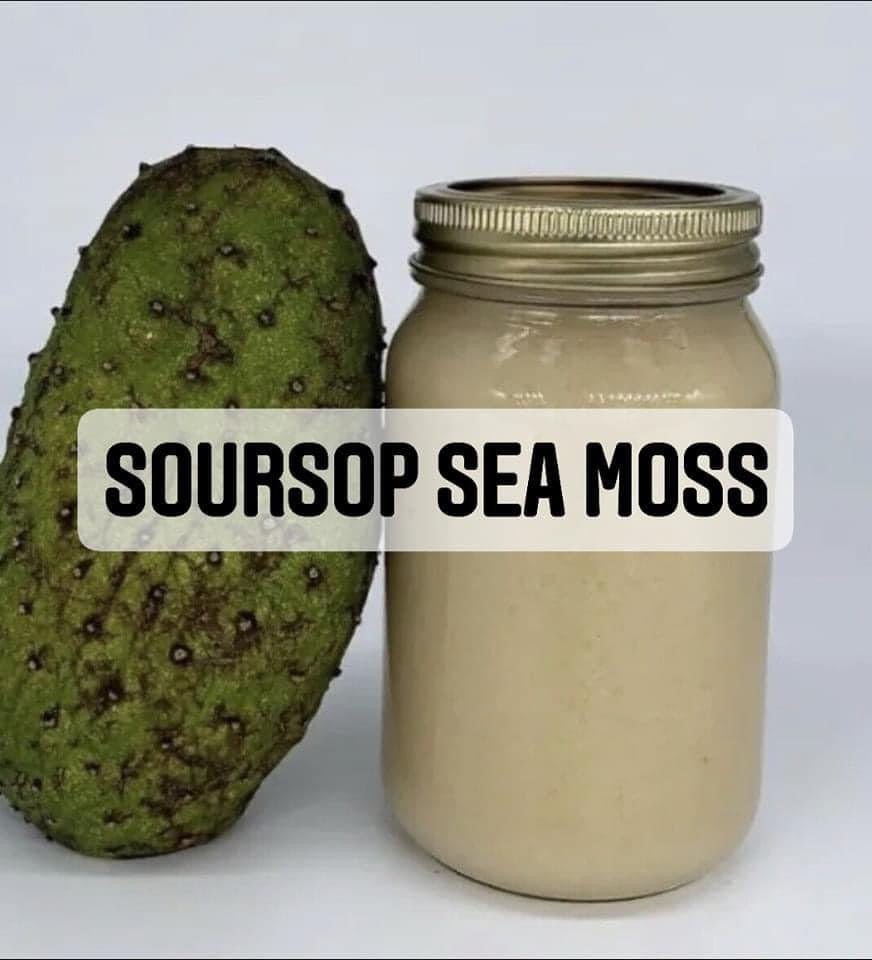 Soursop sea moss gel jar with metal lid and soursop fruit beside it