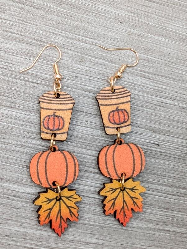 Orange and pink wood drop earrings with coffee cup and pumpkin leaf charms