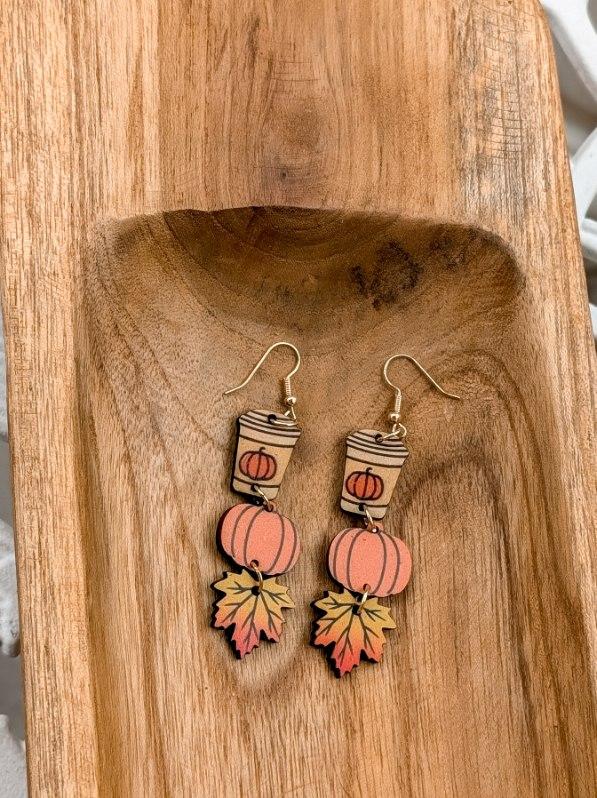 Small wood earrings with coffee cup, pumpkin, and fall leaf charms