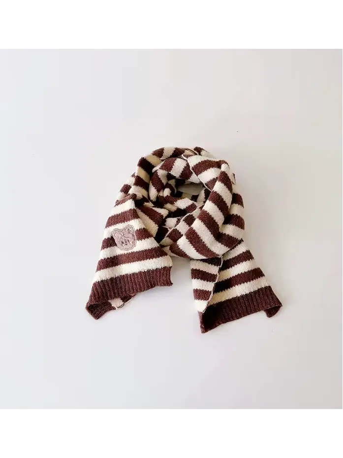 Brown-and-cream striped toddler scarf with bear applique, folded for display