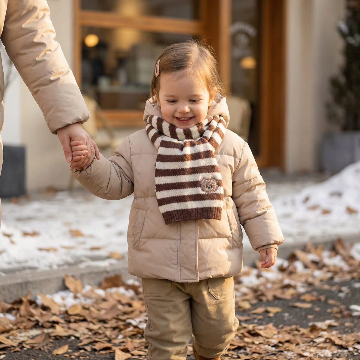 Toddler winter neck scarf, brown-and-beige striped knit with bear patch