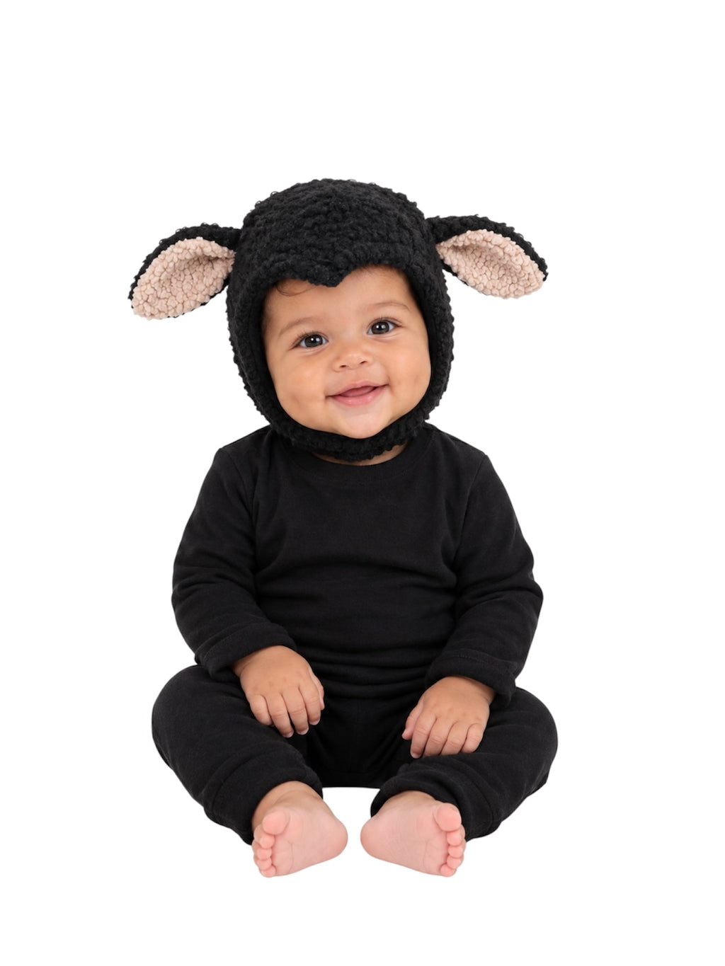 Black sheep baby costume hooded romper with plush ears, soft black fabric