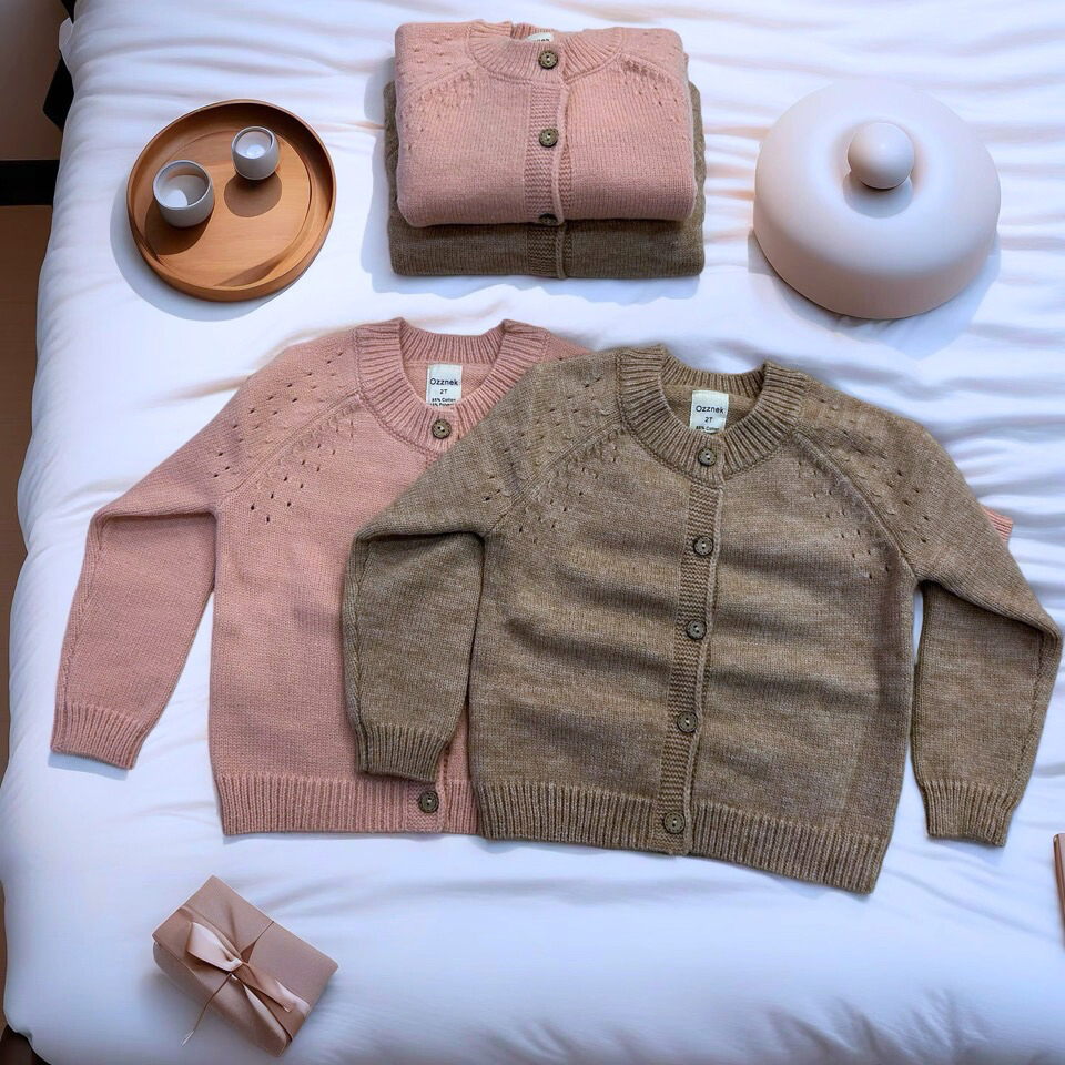 Kids' organic cotton cardigans in blush pink and taupe brown, button-front knit