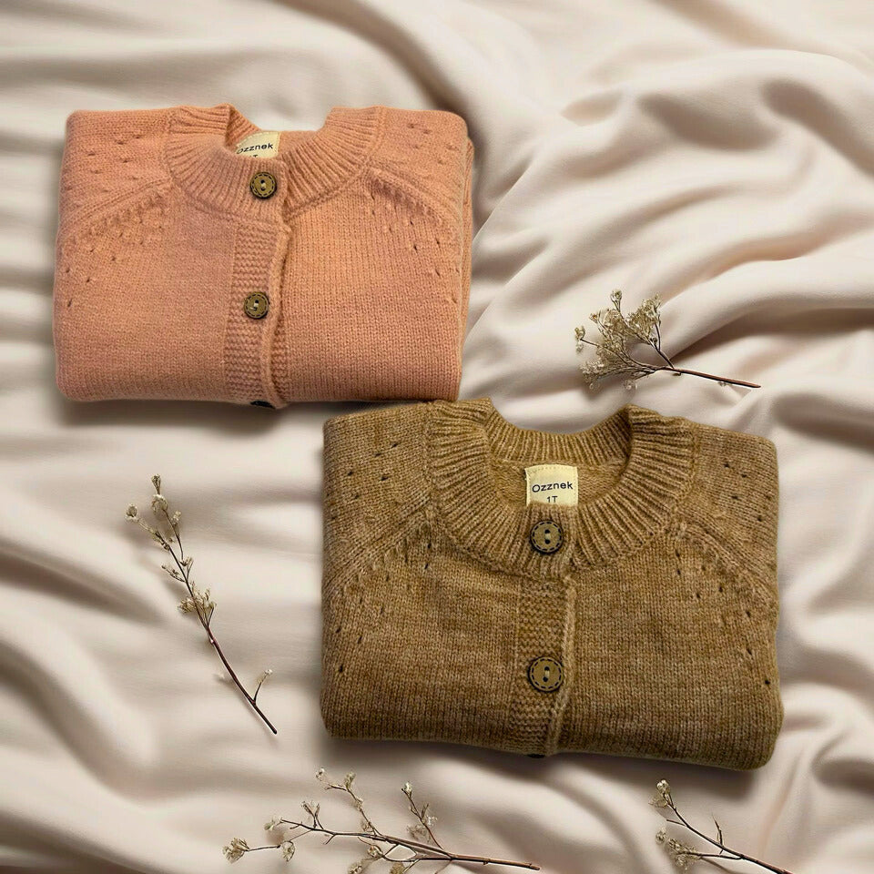Kids' organic cotton cardigans in terracotta brown and hazel brown, button-front knit