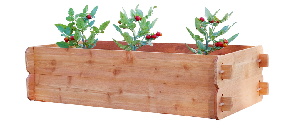 Cedar raised garden bed kit with corner brackets and three plant pots