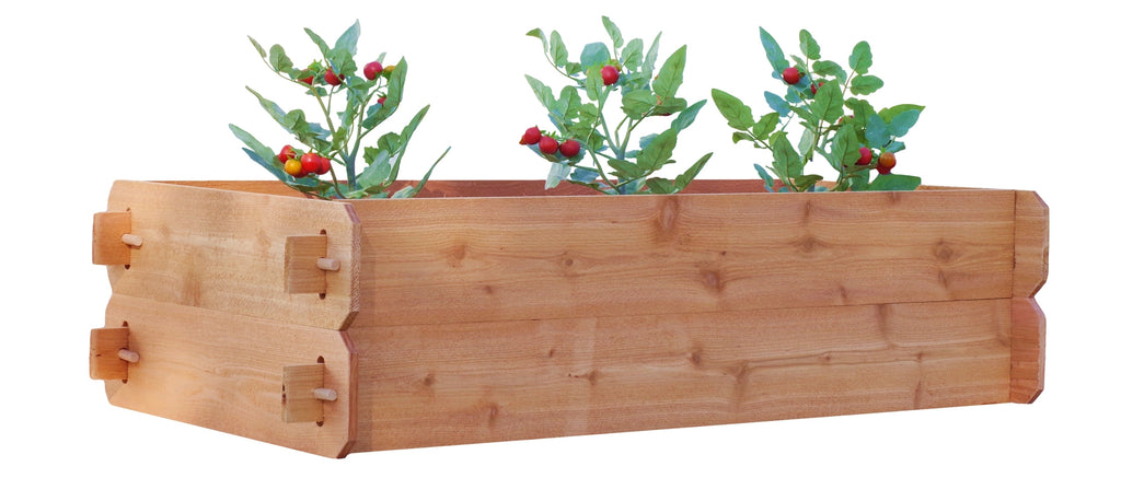 Cedar raised garden bed kit with corner fasteners and three plant pots