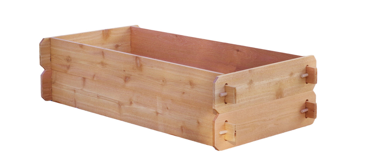 Cedar double-deep raised garden bed with open rectangular interior