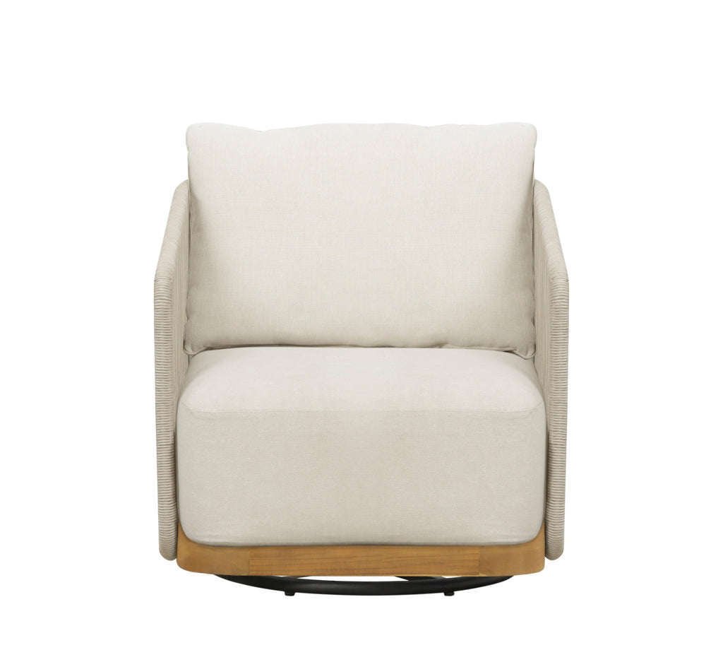 Outdoor swivel arm chair with cream seat cushion, light beige woven frame and teak base