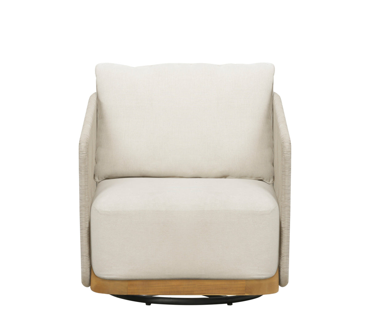 Outdoor swivel arm chair with cream seat cushion, light beige woven frame and teak base