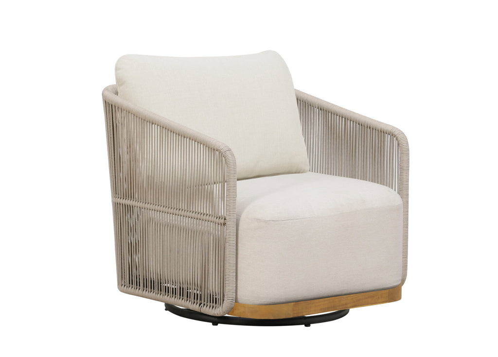 Modern outdoor swivel arm chair with cream cushion and light beige woven basket frame