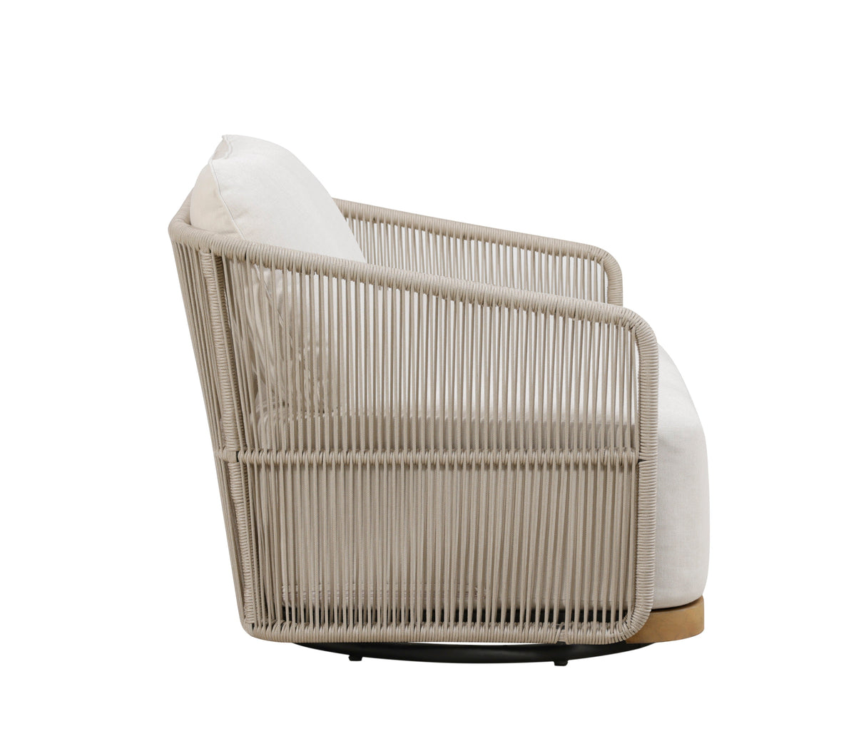 Outdoor swivel arm chair with light beige wicker front and cream cushion, teak base