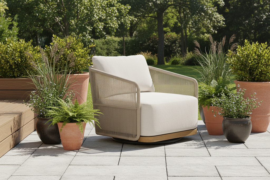 Outdoor swivel arm chair with cream cushion and light beige wicker frame, teak base