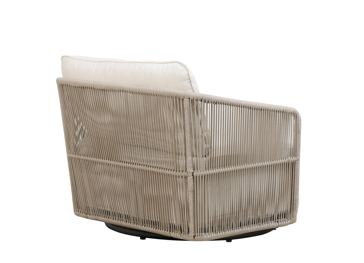 Outdoor swivel arm chair showing light beige woven sides and cream seat cushion