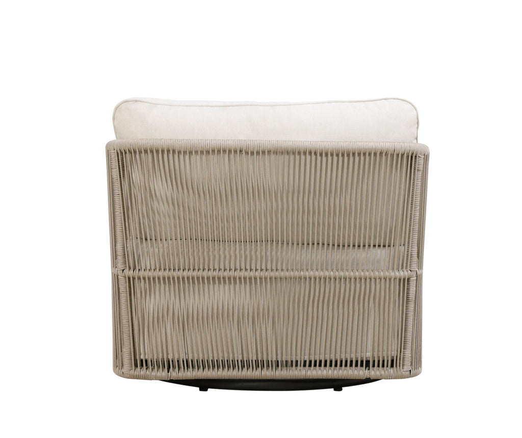 Outdoor swivel arm chair with light beige woven back and cream cushion, teak base