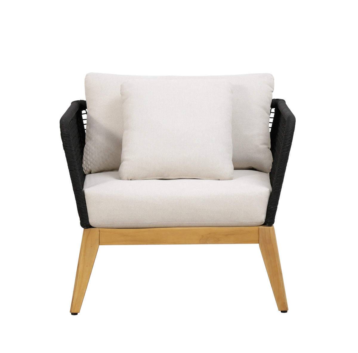 Outdoor arm chair with white seat and back cushions, black woven rope frame, teak legs