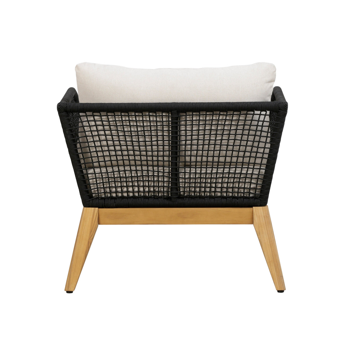 Outdoor arm chair with black woven rope back panel, single white cushion, teak legs