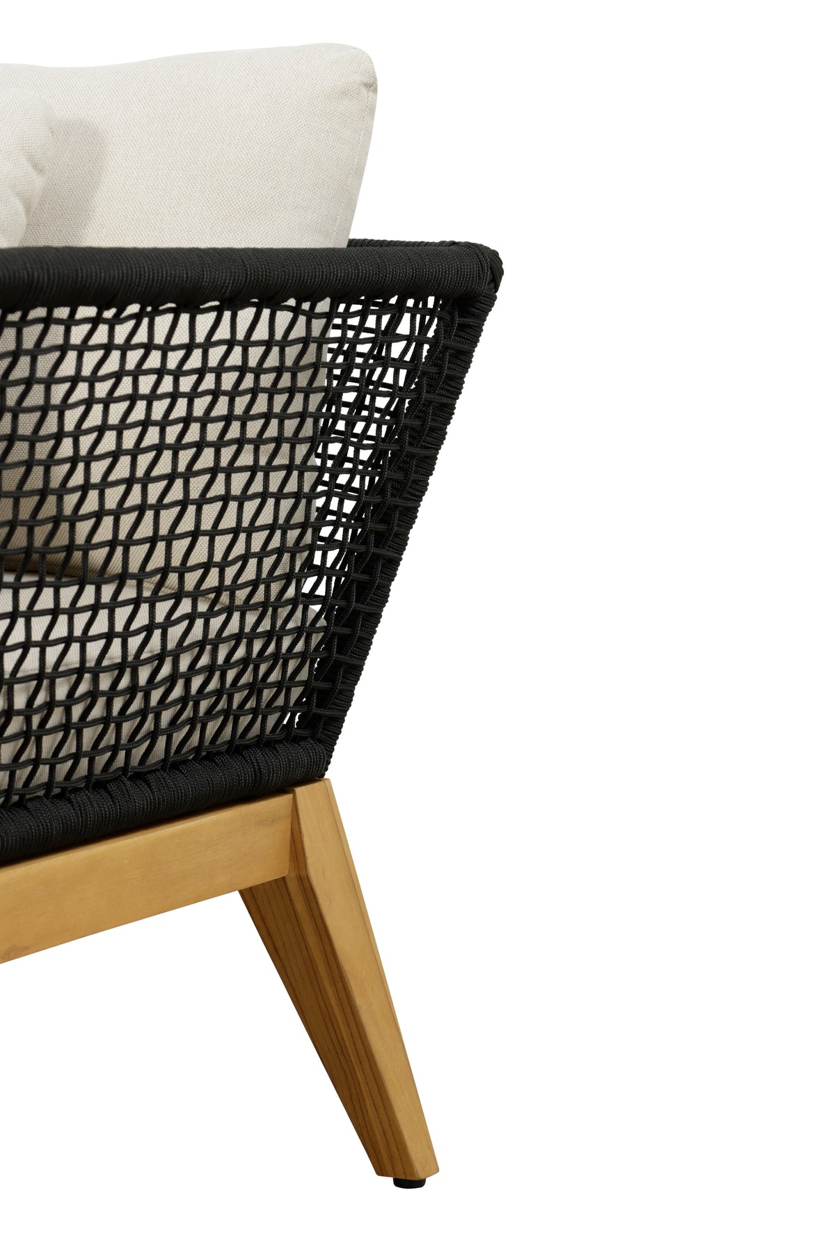Outdoor arm chair with black rope lattice back, beige cushion, teak wood legs