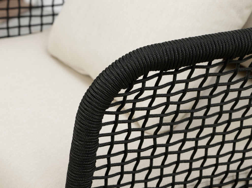 Outdoor arm chair rope lattice frame in black with beige cushion