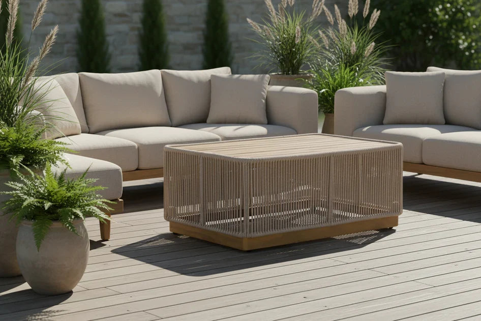 Cypress Teak Wood Sofa Set with Beige Rope Design – Modern Outdoor Lounge