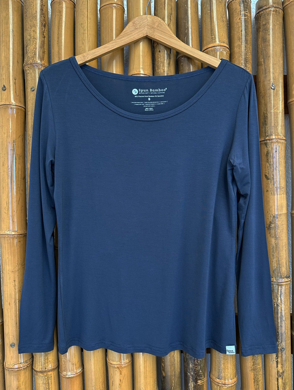 Navy long-sleeve lounge T-shirt for women on hanger, scoop neck