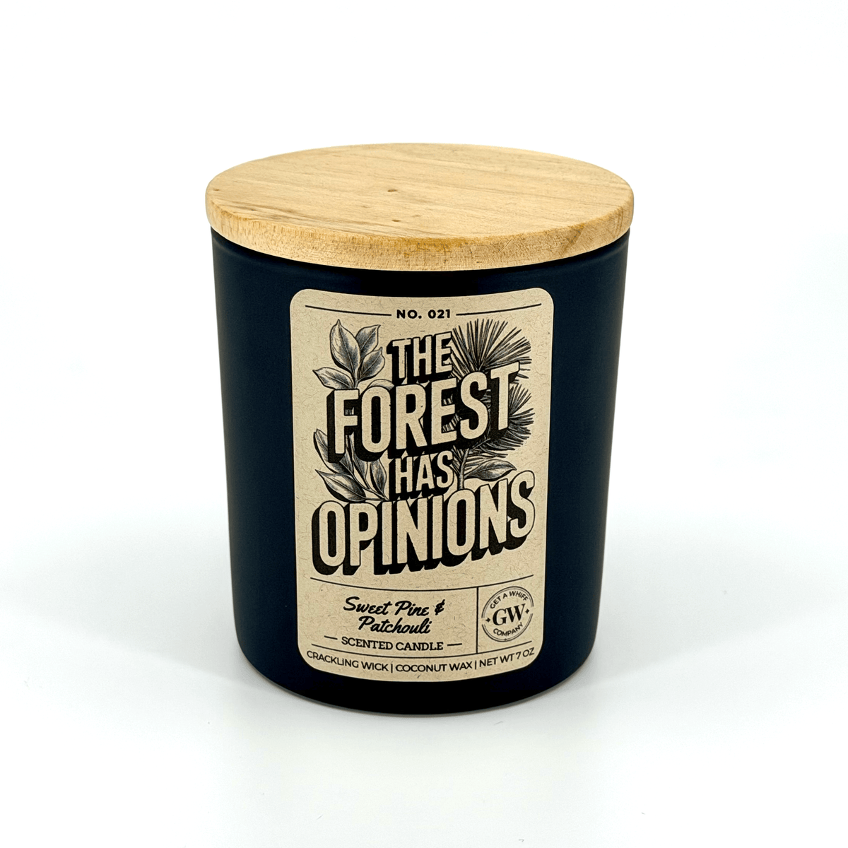Black scented candle jar with wood lid and “The Forest Has Opinions” label