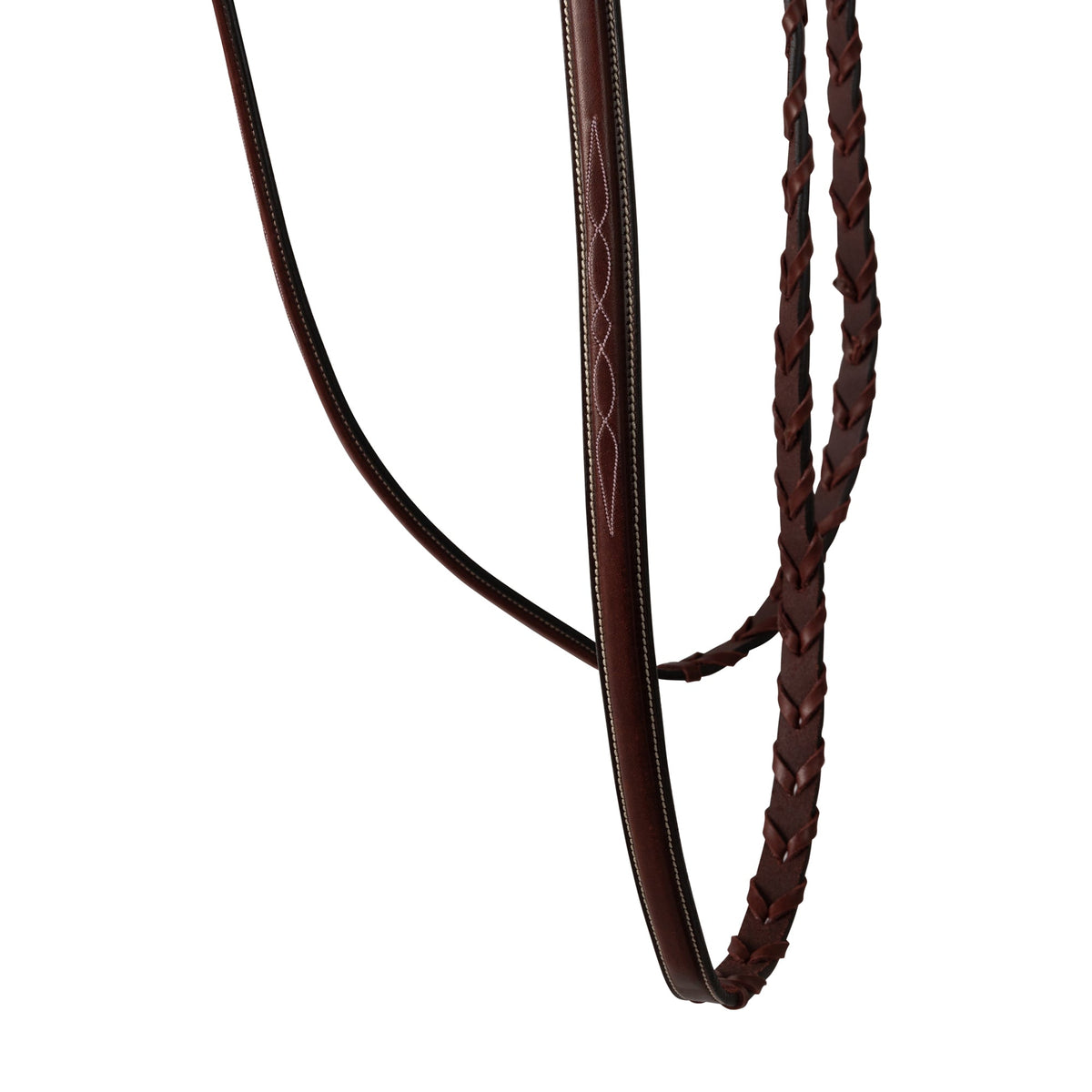 Brown leather rein straps with stitched lines and braided laced edges