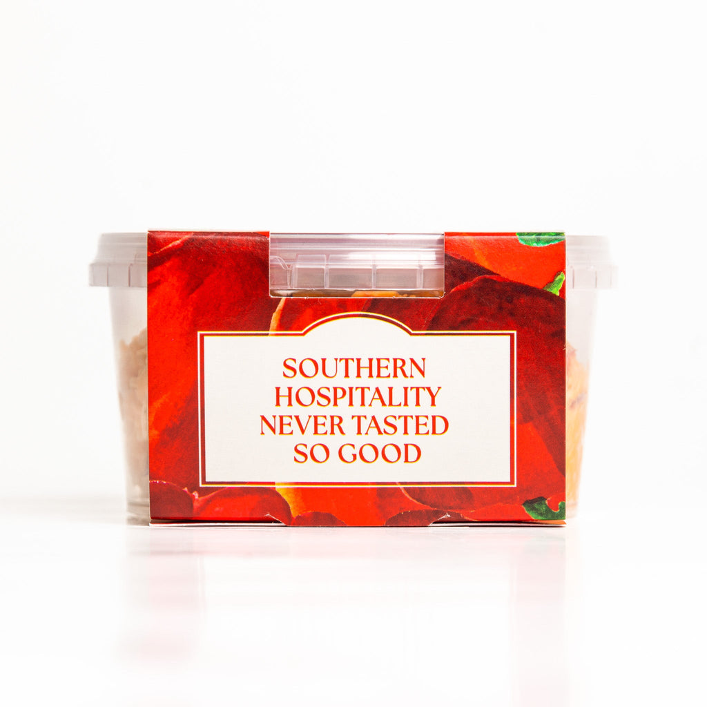 Pimento cheese spread tub with Southern Hospitality label on front