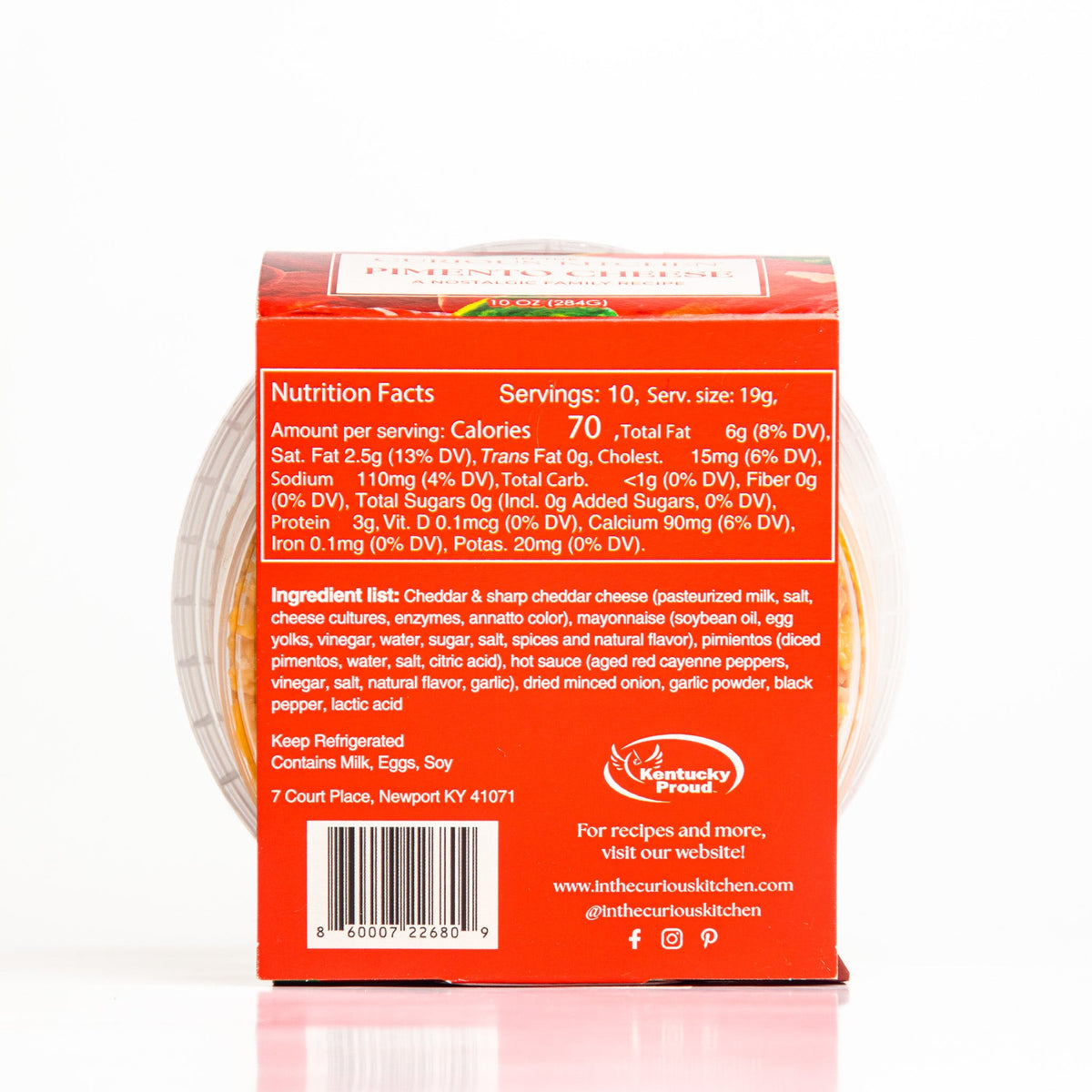 Pimento cheese spread tub back panel with nutrition facts and ingredients list