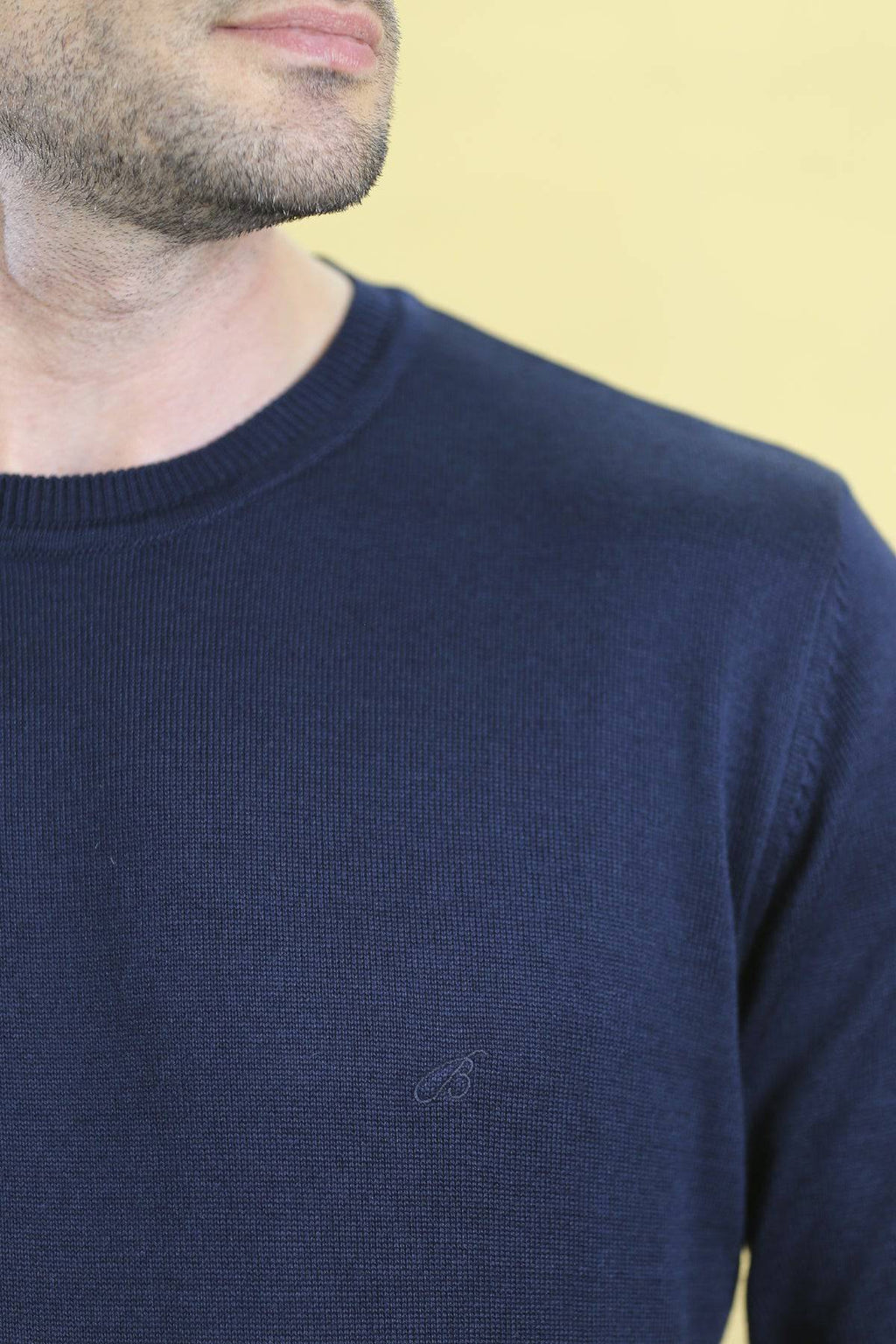 Navy crewneck sweatshirt with small embroidered logo on the chest